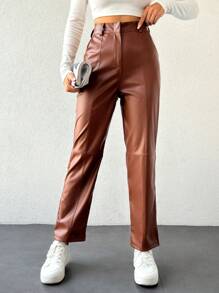 SHEIN Cottnline Women\ Solid Color Zipper Closure Long Pants - Camel - View 4