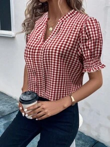 SHEIN LUNE Women Gingham Print Notch Collar Puff Sleeve Blouse - Red - View 3