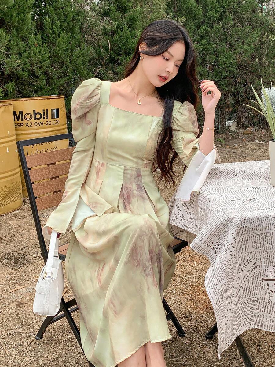 DAZY Ink Wash Smudge Effect Waisted Short Sleeve Midi Dress,Fall Dress Long Sleeve Dress - Cadet Blue - View 1