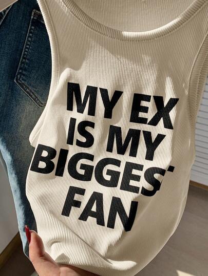 Comfortcana Summer Casual Slogan Printed Round Neck Sleeveless Tank Top, Versatile Striped Tank Top