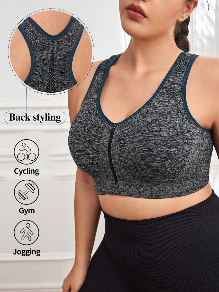 Easithlete Sujetador deportivo con cremallera unido en contraste - Gris Oscuro - Ver 1