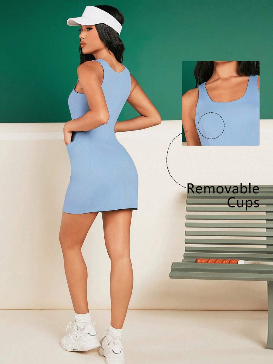 SHEIN Unity 運動網球基本款胸圍杯連洋裝 - 藍色 - 查看 1