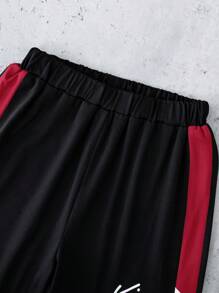 SHEIN Tween Boy 2pcs Color Block Round Neck Short Sleeve T-Shirt With Letter Print And Jogger Pants, School, Campus, College