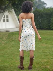 SHEIN EZwear Women's Summer Floral Printed Strapless Dress With High Slit Hem - White - View 2