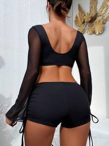 SHEIN Swim 女士實色落肩袖上衣與前拉繩及拉繩短褲兩件式比基尼套裝 - 黑色 - 查看 2