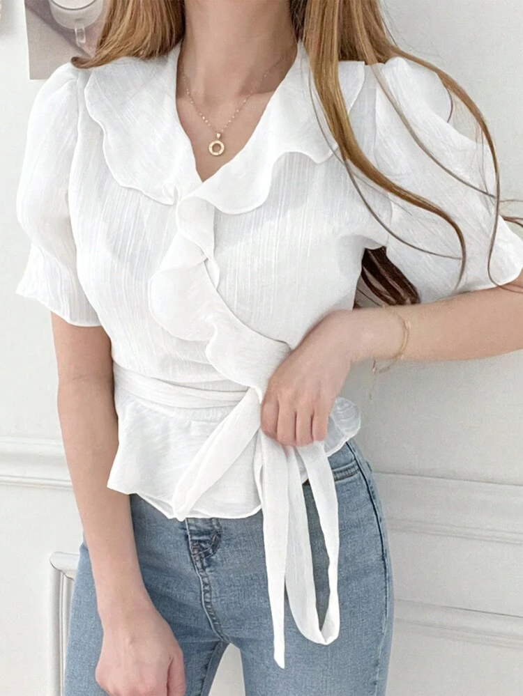 Ladies' Solid Color Ruffle Trim Tie Waist Elegant Blouse