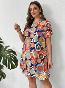 EMERY ROSE Vestido corte recto con cuello redondo en talla grande con estampado floral colorido, vestido de verano talla grande, vestido floral talla grande, vestido casual talla grande, vestidos de verano talla grande
