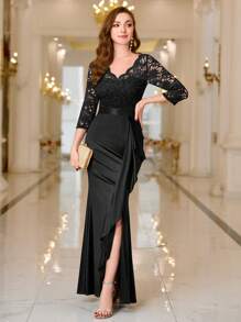 MIUSOL V 领撞色蕾丝荷叶边缎面晚会长款礼服黑色优雅舞会婚礼宾客礼服，适合毕业典礼、晚宴