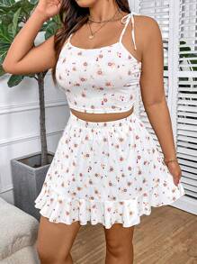 Flirla Plus Size Spaghetti Strap Tank Top + Knitted Asymmetric Hem Skirt