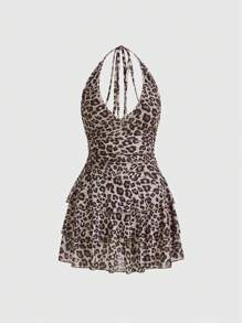 ROMWE J-Fashion Women Gyaru Fashionable Summer Mini Sexy Leopard Print Halter Dress, School - Multicolor - View 1
