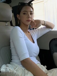 DAZY Camiseta de mujer de unicolor de punto acanalado con cuello redondo grande, para verano - Blanco - Ver 5