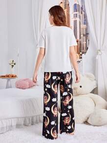 SHEIN Teen Girl 2pcs Koala Print Round Neck Short Sleeve Top And Long Pants Knitted Casual Sleepwear With Function Matching Set - White - View 2