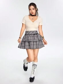 ROMWE 素色褶邊羅紋T恤 - 杏色 - 查看 2