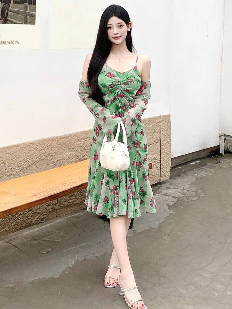 Vestido de mujer con tirantes finos y mangas, vestido de playa con estampado floral de moda, vestido largo de manga larga para otoño y Pascua