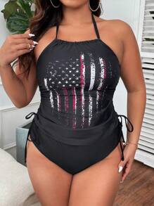 SHEIN Swim Curve Plus Size Summer Beach American Flag Print Halter Neck Tankini Set - Black - View 4