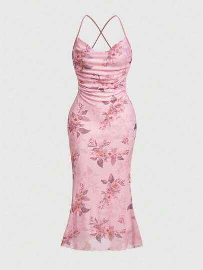 Fairycore Vestido de tirantes con cola de pez y estampado floral de talla grande para vacaciones de verano