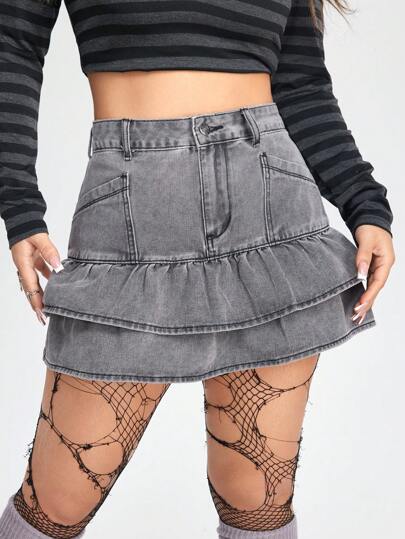 Kawaii Falda en mezclilla bajo con fruncido