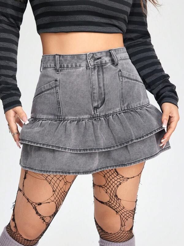 ROMWE Kawaii Gonna in denim con volant