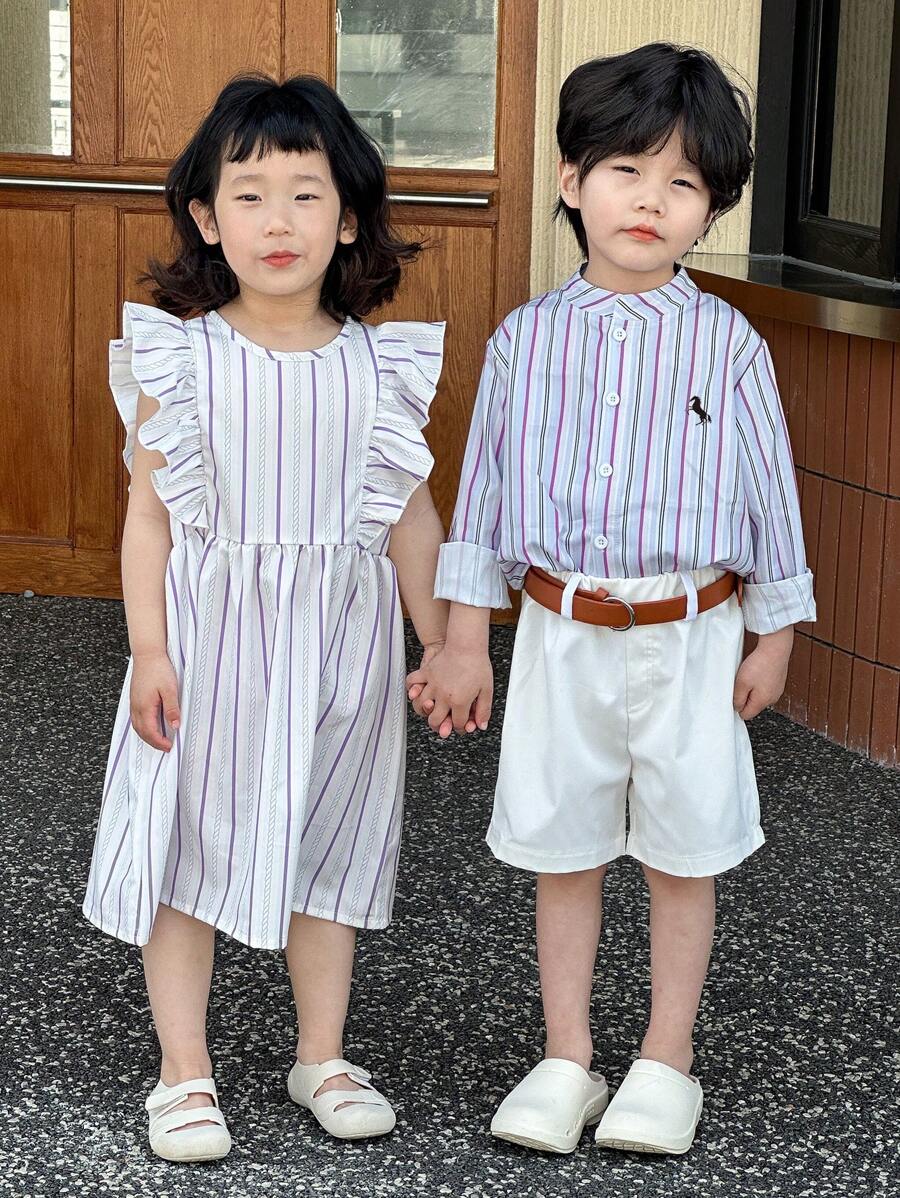 SHEIN Spring/Summer Young Boy Striped Long Sleeve Shirt With White Belted Shorts 2-Piece Set - Multicolor - View 1