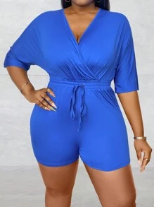 SHEIN LUNE Màu thuần Cổ chữ V Romper - Màu xanh lam - Xem 3