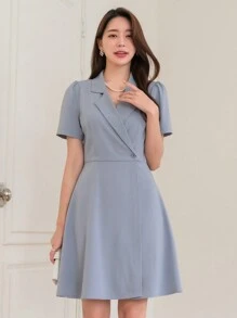 Wynsel Váy suông Blazer quấn eo tay ngắn thanh lịch mùa hè có cổ - Màu xanh lam - Xem 4