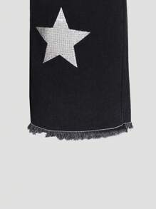 Teen Girl Rock Punk Style Embroidered Detail Raw Hem Straight Leg Jeans