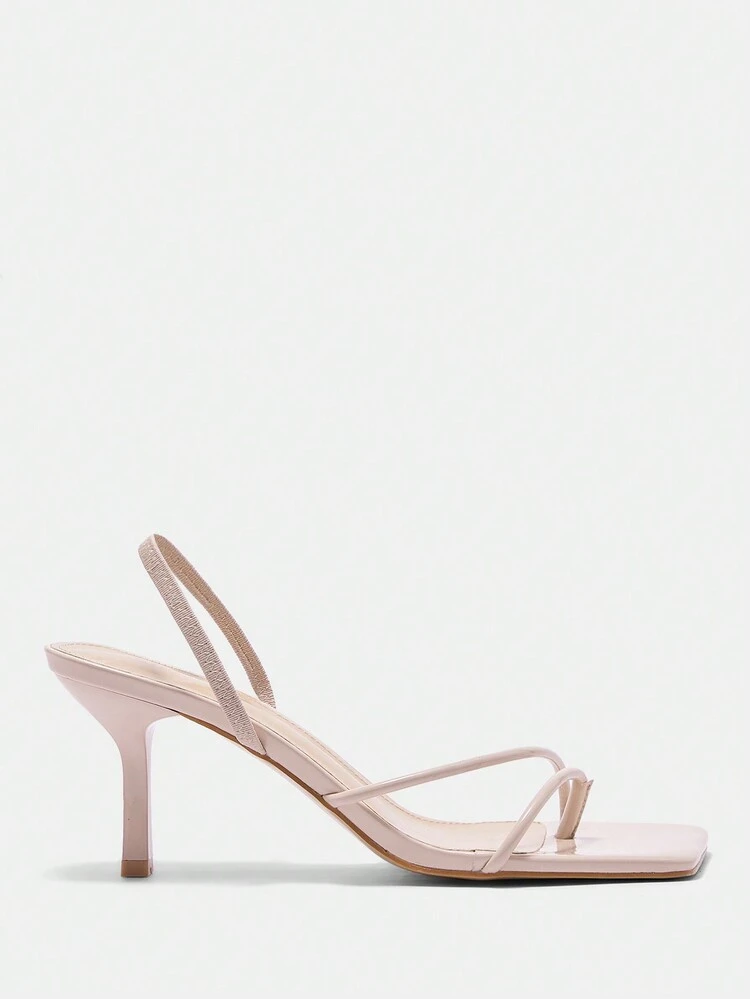 Apricot-Colored Mirrored Pu Ladies' Square Toe Strap Sandals, Graduation Heel, Prom Heels For Summer Vacation Shoes Summer