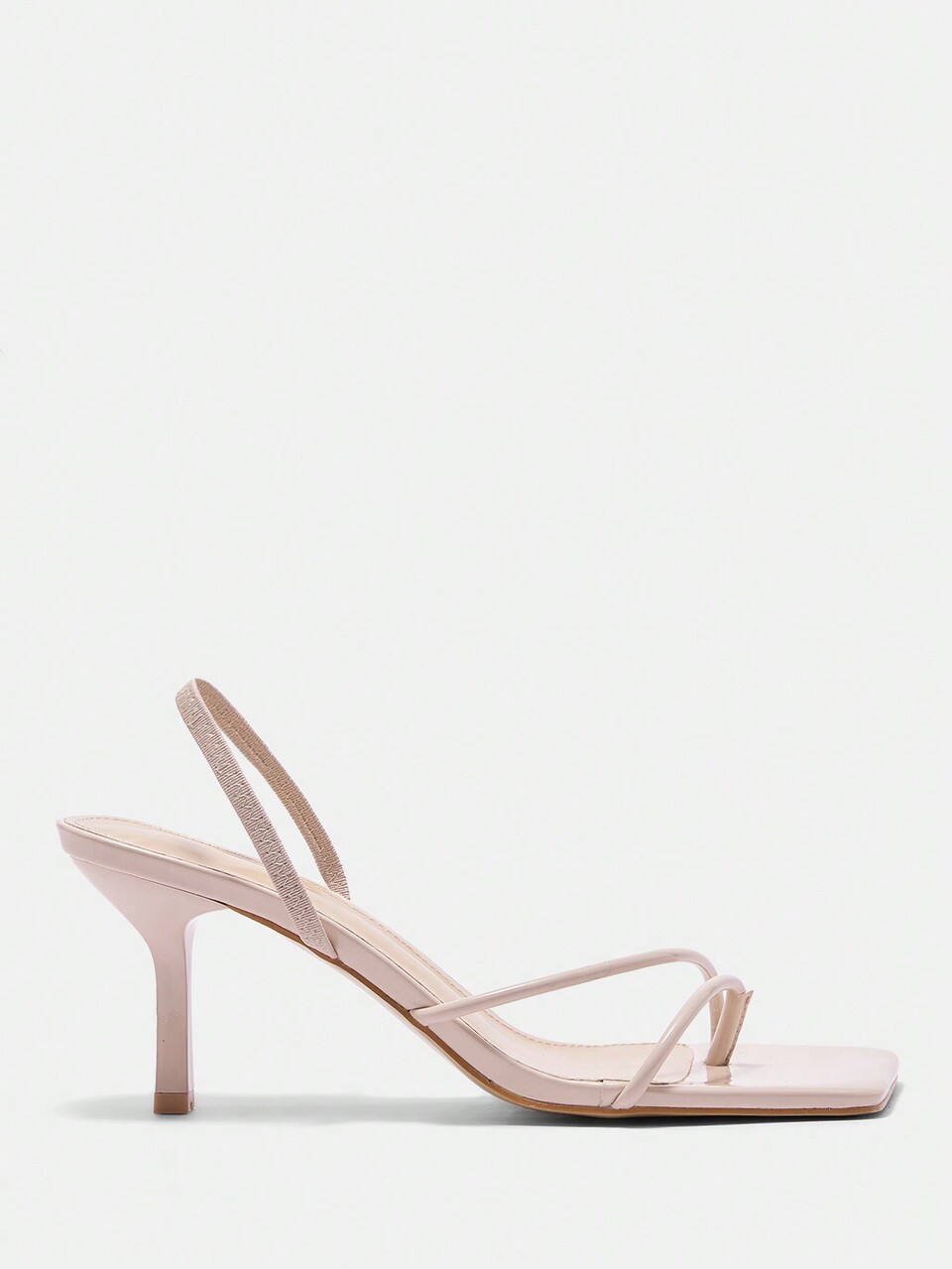 Apricot-Colored Mirrored Pu Ladies' Square Toe Strap Sandals, Graduation Heel, Prom Heels For Summer Vacation Shoes Summer