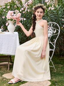 SHEIN Tween Girls Chiffon Halter Neck Flower Printed Wedding Season Long Dress - Champagne - View 4