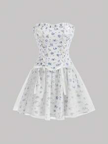 SHEIN MOD Strapless Short Dress With Waist Control, Front Bowknot Detail, Back Criss-Cross With Mesh Ruffle Hem - Multicolor - View 1