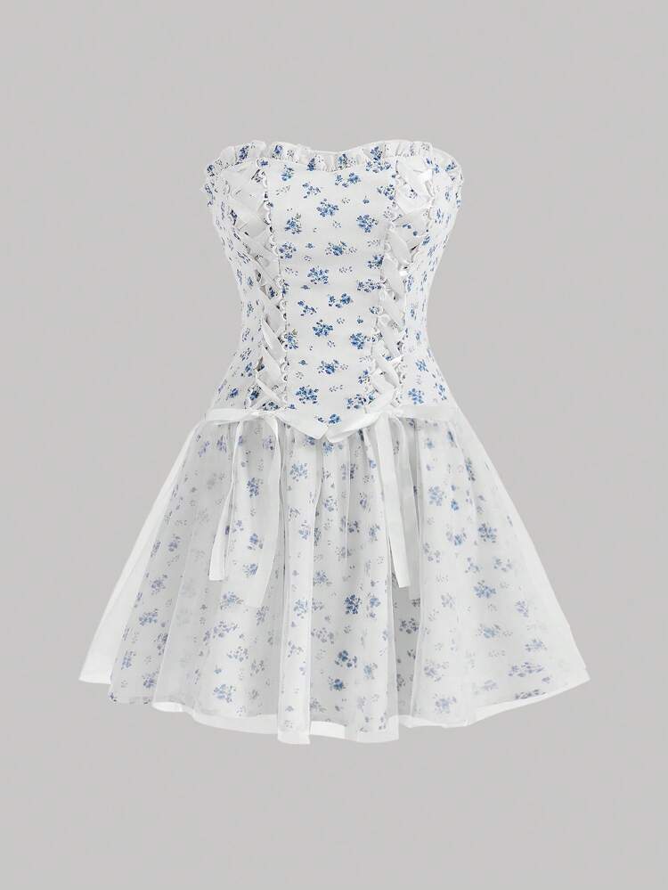 Strapless Short Dress With Waist Control, Front Bowknot Detail, Back Criss-Cross With Mesh Ruffle Hem