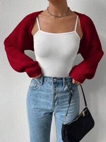 SHEIN EZwear Women Short Knitted Cardigan, Versatile And Simple, Open-Front Design,Long Sleeve Tops In Fall/Winter - Red - View 5