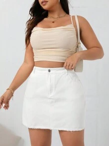 SHEIN Essnce 大尺碼夏季純色開邊牛仔裙 - 白色 - 查看 4