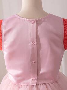 SHEIN Tween Girls' Embellished Collar Triple-Layered Mesh Ruffle-Sleeve Button-Back Blouse With Layered Mesh Skirt, 2pcs/Set