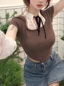 INAWLY Damska koszulka o krótkim kroju z koronkowym łączeniem 2 w 1, lato