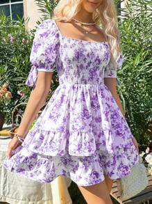 Soleia Vestido de verano con diseño de flores y cuello cuadrado con dobladillo con volantes - Morado - Ver 3