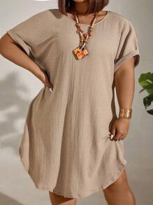 SHEIN CURVE+ Plus Size Solid Textured Simple Summer Dress - Khaki - View 3