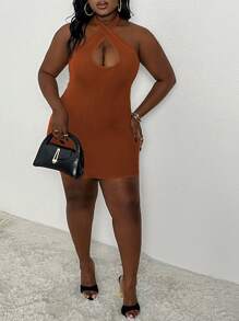 Slaydiva Cross Halter Neck Plus Size Bodycon Dress With Tied Straps