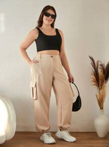 RueChic Plus Size Frenchy Cargo Pants Side Flap Pocket - Apricot - View 3