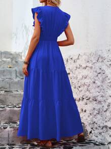 Wandoria Ladies" Summer Holiday Solid Color Ruffle High Split Long Dress Vacation Beach Outfits Women - Royal Blue - View 2