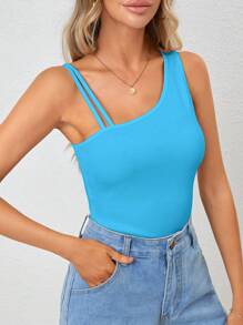 Firerie Women Solid Color Asymmetrical Collar Slim Fit Sleeveless Top For Summer - Blue - View 2