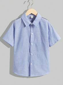 SHEIN Tween Boy Loose Casual Sọc khối màu in chữ áo sơ mi trễ vai có cổ bẻ - Màu xanh lam - Xem 2
