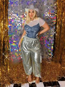 SHEIN SXY Plus Size damski, dżinsowy, z nadrukiem kieszeni, kontrastowa siateczka, seksowny kombinezon, odpowiedni na lato, randkę, urodziny, wieczór panieński, swobodny, zakupy, odzież uliczną, wyjścia, wakacje, plażę, łatwy do dopasowania i wygląda szczupło, podkreśla figurę