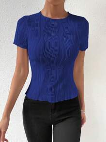 Chiquease Women Summer Solid Color Textured Slim Fit Round Neck Short Sleeve T-Shirt