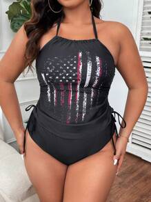 SHEIN Swim Curve Plus Size Summer Beach American Flag Print Halter Neck Tankini Set - Black - View 5