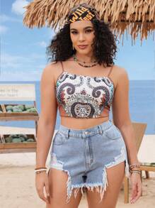 SHEIN Clasi Sommerliche groessezuegige Freizeithose mit zerrissenem und gebrochenem Saum aus Denim - Blau - Übersicht 5