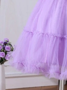 Baby Girl Patchwork Multi-Layer Mesh Ruffle Trim Decor Cute Dress - Mauve Purple - View 5