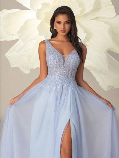 VIPGIRL Elegant Sequin Mesh Patchwork Long Evening Dress With High Slit, Formal Prom Wedding Guest Gown, For Graduation, Dinner Party Dress