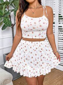 Flirla Plus Size Spaghetti Strap Tank Top + Knitted Asymmetric Hem Skirt
