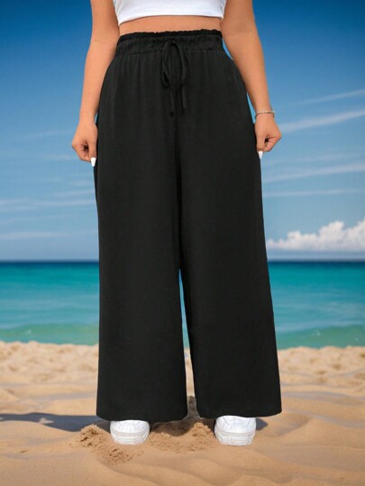 SHEIN EZwear Plus Size Women's Black Ruffle High Waist Loose Wide Leg Solid Pants For Summer